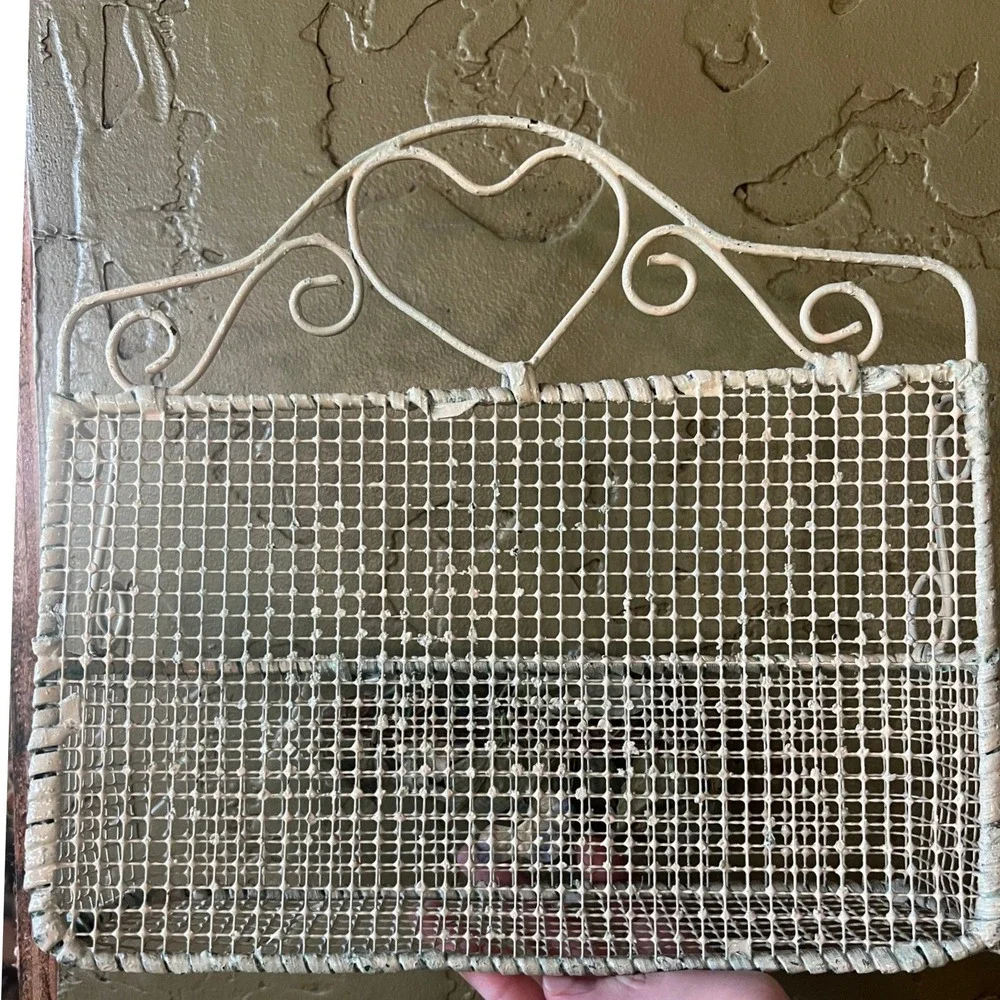 Vintage Cottagecore Cream Wire Wall Basket Heart Rosette Mail Organizer